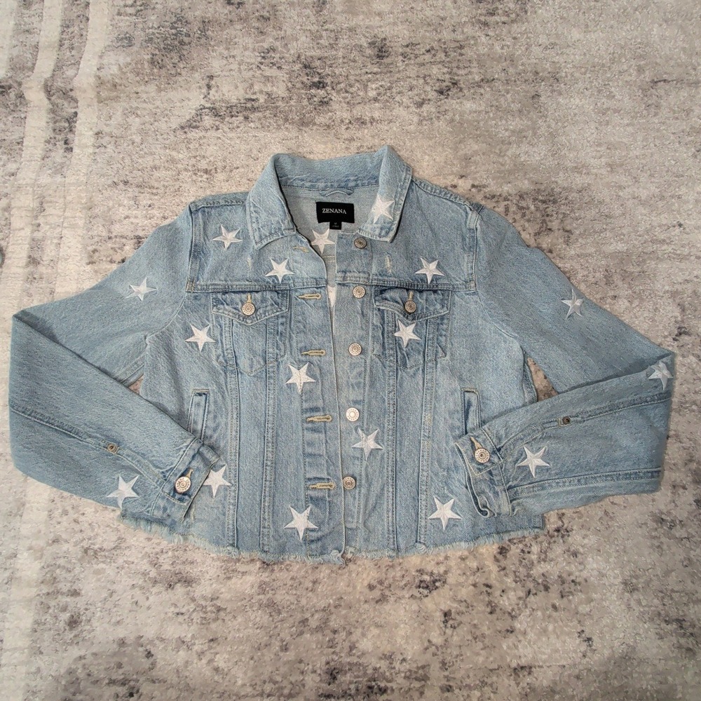 Zenana M Cropped Star Embroidered Denim Jacket Light Wash Raw Hem Western Y2K - Picture 9 of 14